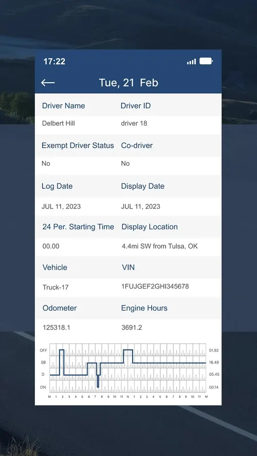 True Road Elogs public app screenshot showing driver and vehicle records with a daily log graph