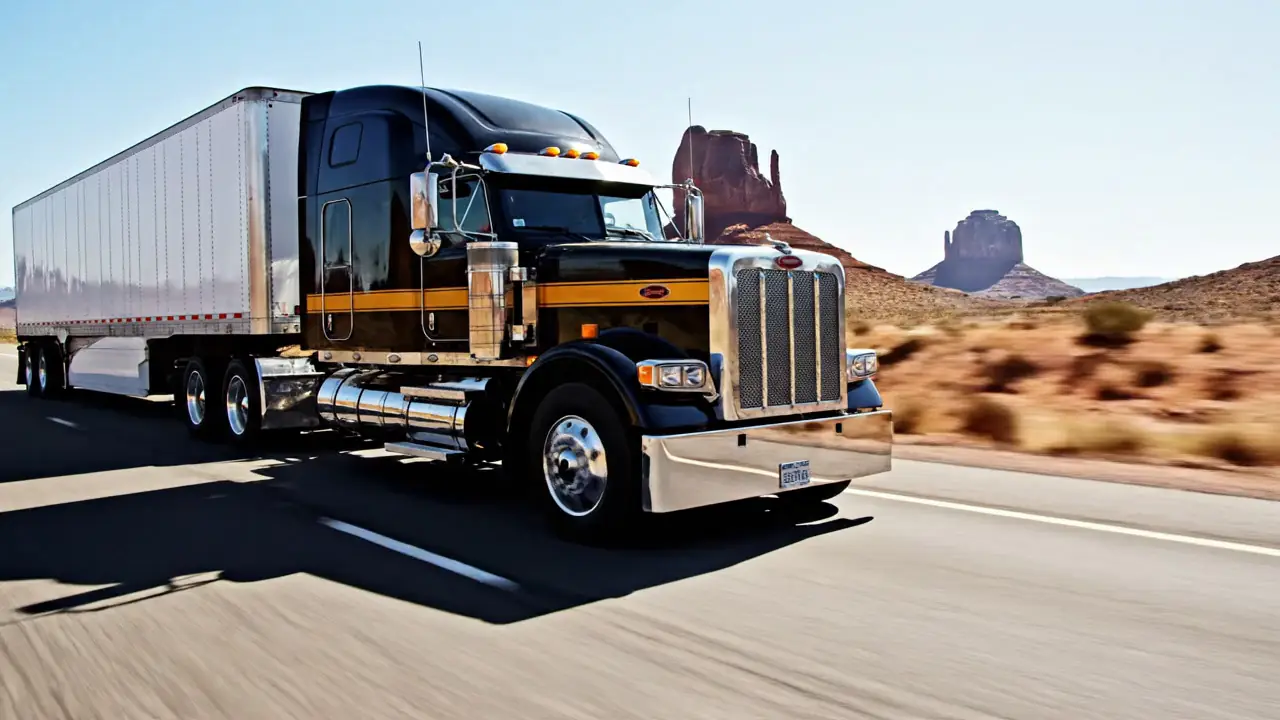 A black American sleeper truck with an amber stripe on a desert highway